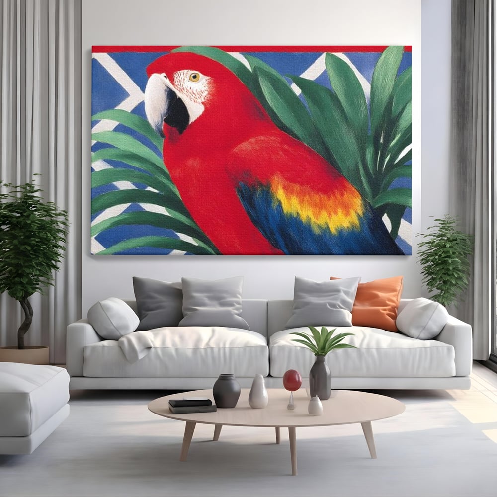 Tablou canvas cu tablou canvas cu papagal rosu, fara rama, pe sasiu de lemn, pe perete intr-un living